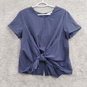 Lush Blue & White Pinstripe Tie Front Blouse Women's Large Cotton Button Back